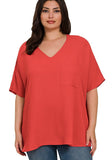 WOVEN AIRFLOW V-NECK DOLMAN SHORT SLEEVE TOP
