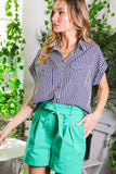 SHORT ROLL-UP SLEEVE STRIPE SHIRT TOP