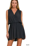 WOVEN CRINKLE DRAPED ROMPER W TIE OPEN BACK