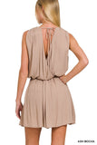 WOVEN CRINKLE DRAPED ROMPER W TIE OPEN BACK