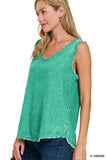 WASHED LINEN FRAYED EDGE V-NECK SLEEVELESS TOP