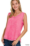 WASHED LINEN FRAYED EDGE V-NECK SLEEVELESS TOP